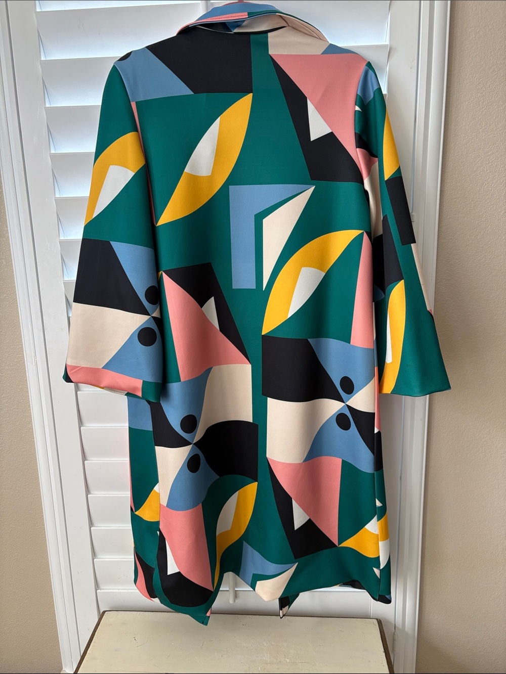 Women's Abstract Geo Trench Coat in Teal Multi - Contemporary Outerwear - Picture 4 of 5